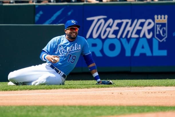 Kelvin Gutierrez of the Kansas City Royals reacts to sliding for a Minnesota Twins foul ball in the first inning at Kauffman Stadium on June 5, 2021...