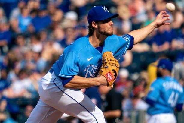 Jake Brentz of the Kansas City Royals pitches against the Minnesota Twins in the ninth inning at Kauffman Stadium on June 5, 2021 in Kansas City,...