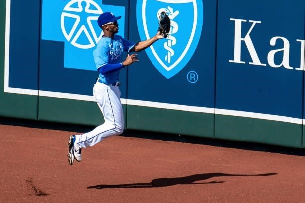 Michael A. Taylor of the Kansas City Royals catches a Minnesota Twins fly ball in the fourth inning at Kauffman Stadium on June 5, 2021 in Kansas...