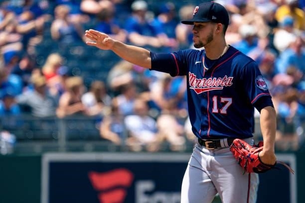 Jose Berrios of the Minnesota Twins prepares to pitch against the Kansas City Royals in the first inning at Kauffman Stadium on June 5, 2021 in...
