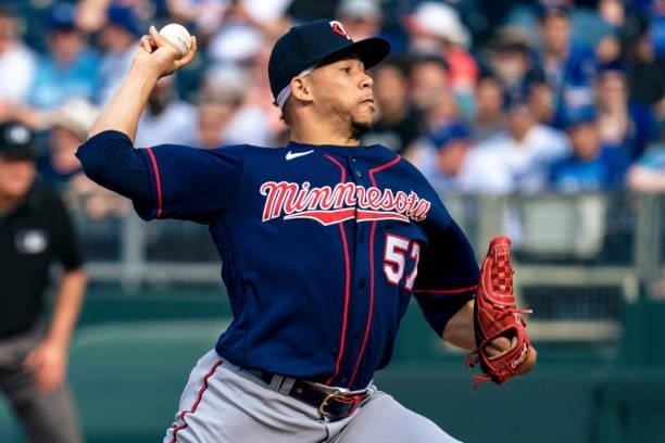 Hansel Robles of the Minnesota Twins pitches against the Kansas City Royals in the ninth inning at Kauffman Stadium on June 5, 2021 in Kansas City,...