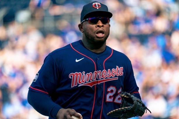 Miguel Sano of the Minnesota Twins heads back to the dugout during the game against the Kansas City Royals at Kauffman Stadium on June 5, 2021 in...