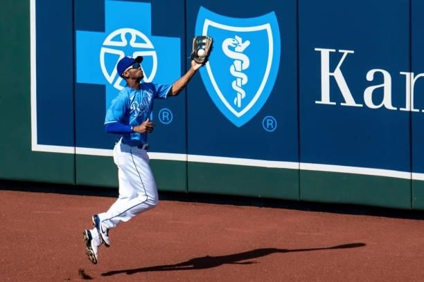 Michael A. Taylor of the Kansas City Royals catches a Minnesota Twins fly ball in the fourth inning at Kauffman Stadium on June 5, 2021 in Kansas...