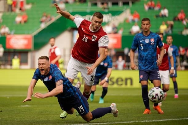 Milan Skriniar of Slovakia is challenged by Sasa Kalajdzic of Austria during the international friendly match between Austria and Slovakia at Ernst...