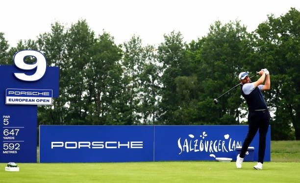 Matthew Southgate of England on the 9th tee during the second round of The Porsche European Open at Green Eagle Golf Course on June 06, 2021 in...