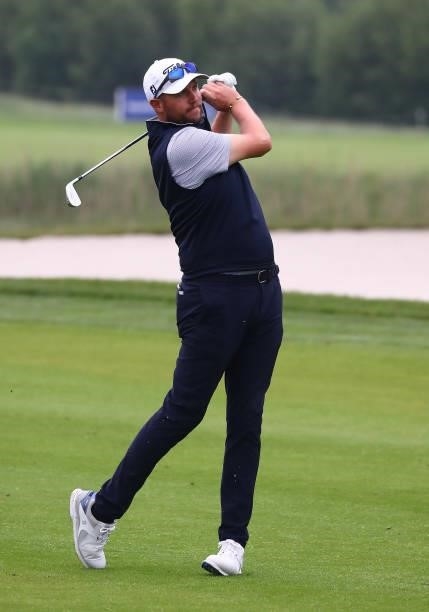 Matthew Southgate of England plays his second shot on the 9th hole during the second round of The Porsche European Open at Green Eagle Golf Course on...