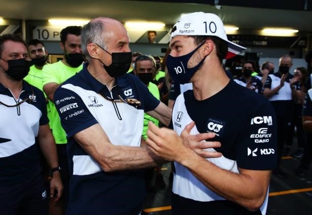 Third placed Pierre Gasly of France and Scuderia AlphaTauri celebrates with Scuderia AlphaTauri Team Principal Franz Tost after the F1 Grand Prix of...