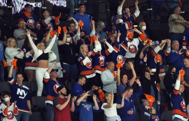 Fans celebrate a second period goal by Kyle Palmieri against the Boston Bruins in Game Four of the Second Round of the 2021 NHL Stanley Cup Playoffs...