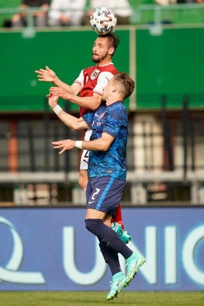 Andreas Ulmer of Austria competes for a header with Peter Pekarik of Slovakia during the international friendly match between Austria and Slovakia at...