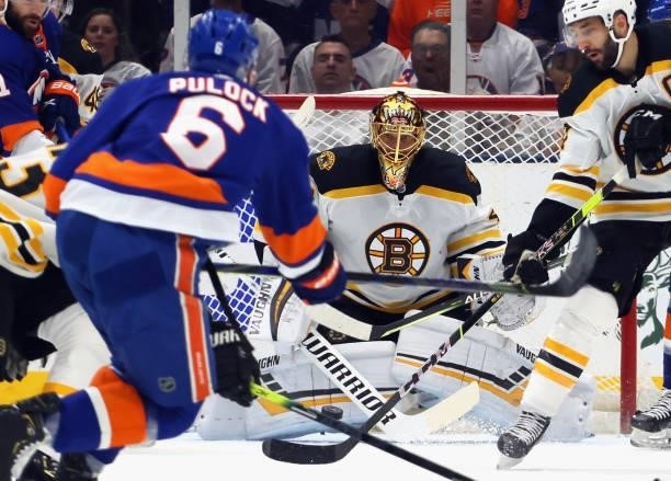 Tuukka Rask of the Boston Bruins tends net against the New York Islanders in Game Four of the Second Round of the 2021 NHL Stanley Cup Playoffs at...