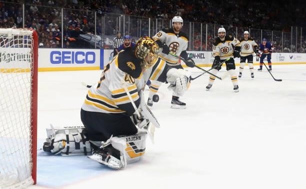 Tuukka Rask of the Boston Bruins tends net against the New York Islanders in Game Four of the Second Round of the 2021 NHL Stanley Cup Playoffs at...