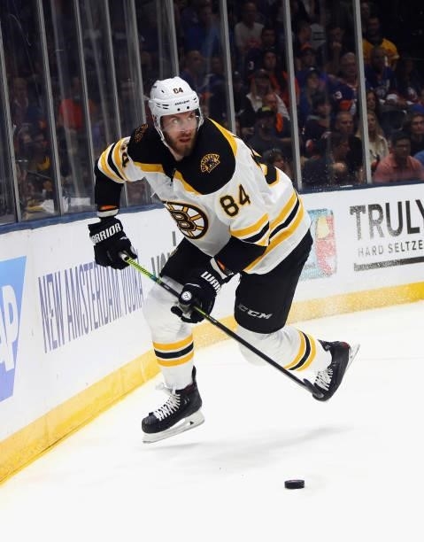 Jarred Tinordi of the Boston Bruins skates against the New York Islanders in Game Four of the Second Round of the 2021 NHL Stanley Cup Playoffs at...