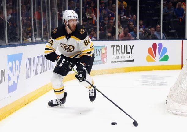 Jarred Tinordi of the Boston Bruins skates against the New York Islanders in Game Four of the Second Round of the 2021 NHL Stanley Cup Playoffs at...