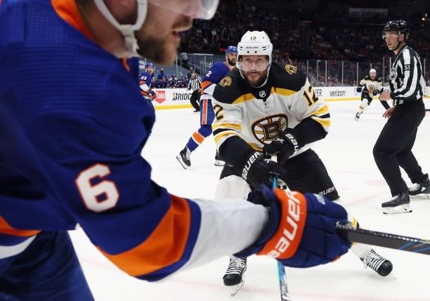 Craig Smith of the Boston Bruins skates against the New York Islanders in Game Four of the Second Round of the 2021 NHL Stanley Cup Playoffs at the...