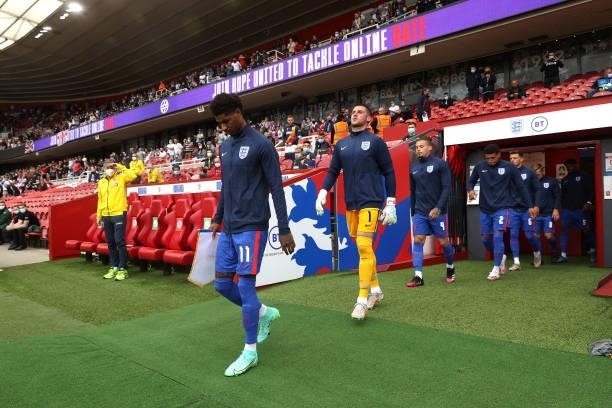 Marcus Rashford of England leads the team out prior to the international friendly match between England and Romania at Riverside Stadium on June 06,...