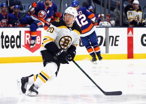 Curtis Lazar of the Boston Bruins skates against the New York Islanders in Game Four of the Second Round of the 2021 NHL Stanley Cup Playoffs at the...