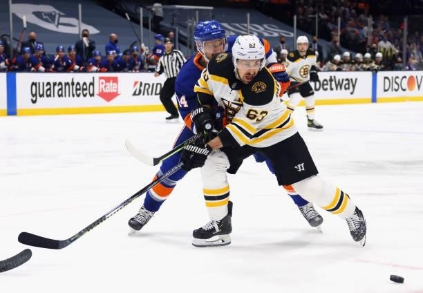 Brad Marchand of the Boston Bruins skates against the New York Islanders in Game Four of the Second Round of the 2021 NHL Stanley Cup Playoffs at the...