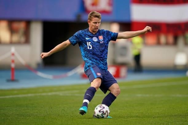 Tomas Hubocan of Slovakia makes a pass during the international friendly match between Austria and Slovakia at Ernst Happel Stadion on June 06, 2021...