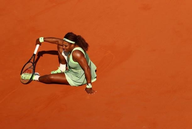 Serena Williams of USA reacts during her Women's Singles fourth round match against Elena Rybakina of Kazakhstan on day eight of the 2021 French Open...