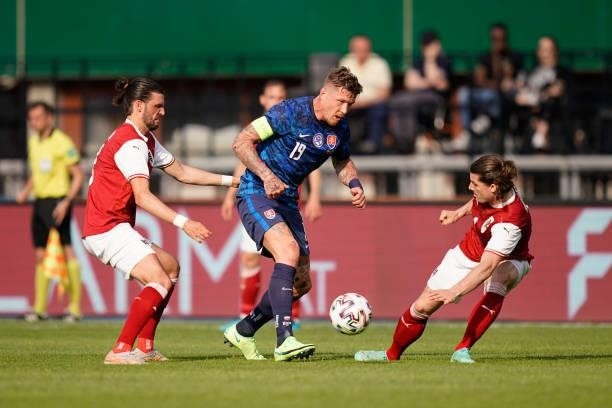 Juraj Kucka of Slovakia makes a pass whilst under pressure from Marcel Sabitzer of Austria during the international friendly match between Austria...