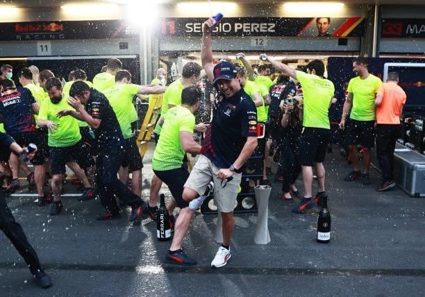 Race winner Sergio Perez of Mexico and Red Bull Racing celebrates with his team after the F1 Grand Prix of Azerbaijan at Baku City Circuit on June...