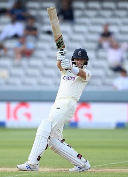 Joe Root of England pulls during Day 5 of the First LV= Insurance Test Match between England and New Zealand at Lord's Cricket Ground on June 06,...