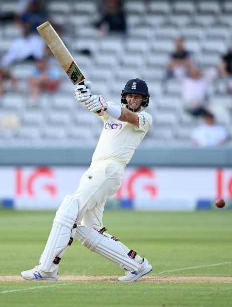 Joe Root of England pulls during Day 5 of the First LV= Insurance Test Match between England and New Zealand at Lord's Cricket Ground on June 06,...