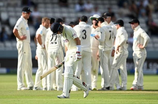 Joe Root of England walks off after being dismissed during Day 5 of the First LV= Insurance Test Match between England and New Zealand at Lord's...