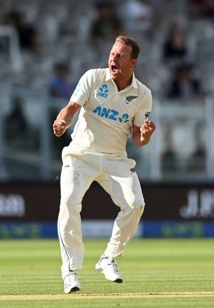 Neil Wagner of New Zealand celebrates taking the wicket of Joe Root of England during Day 5 of the First LV= Insurance Test Match between England and...