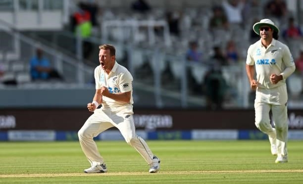 Neil Wagner of New Zealand celebrates taking the wicket of Joe Root of England during Day 5 of the First LV= Insurance Test Match between England and...