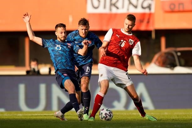 Sasa Kalajdzic of Austria is challenged by Jakub Hromada of Slovakia during the international friendly match between Austria and Slovakia at Ernst...