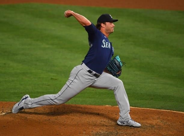 Drew Steckenrider of the Seattle Mariners pitches in the game against the Los Angeles Angels at Angel Stadium of Anaheim on June 5, 2021 in Anaheim,...