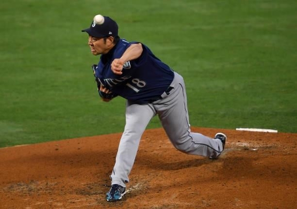 Yusei Kikuchi of the Seattle Mariners pitches in the game against the Los Angeles Angels at Angel Stadium of Anaheim on June 5, 2021 in Anaheim,...