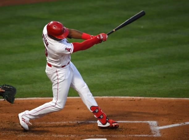 Justin Upton of the Los Angeles Angels at bat in the game against the Seattle Mariners at Angel Stadium of Anaheim on June 5, 2021 in Anaheim,...