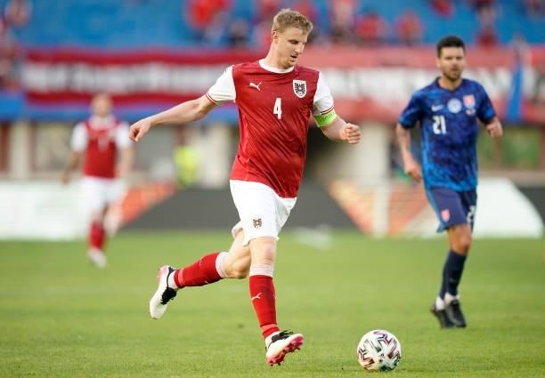 Martin Hinteregger of Austria runs with the ball during the international friendly match between Austria and Slovakia at Ernst Happel Stadion on June...