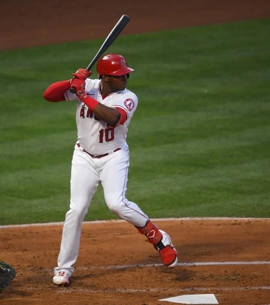 Justin Upton of the Los Angeles Angels at bat in the game against the Seattle Mariners at Angel Stadium of Anaheim on June 5, 2021 in Anaheim,...