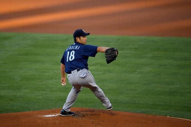 Yusei Kikuchi of the Seattle Mariners pitches in the game against the Los Angeles Angels at Angel Stadium of Anaheim on June 5, 2021 in Anaheim,...