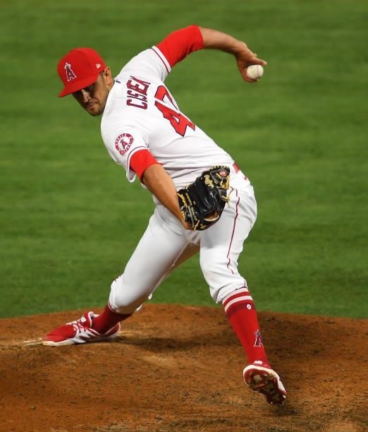 Steve Cishek of the Los Angeles Angels pitches in the game against the Seattle Mariners at Angel Stadium of Anaheim on June 5, 2021 in Anaheim,...