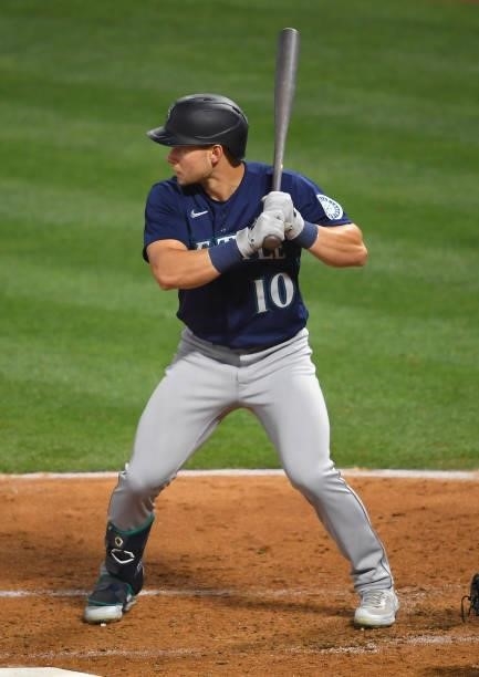 Jarred Kelenic of the Seattle Mariners at bat in the game against the Los Angeles Angels at Angel Stadium of Anaheim on June 5, 2021 in Anaheim,...