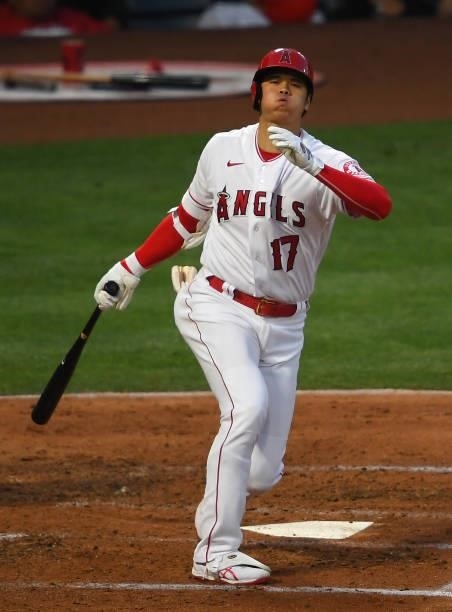 Shohei Ohtani of the Los Angeles Angels strikes out in the game against the Seattle Mariners at Angel Stadium of Anaheim on June 5, 2021 in Anaheim,...