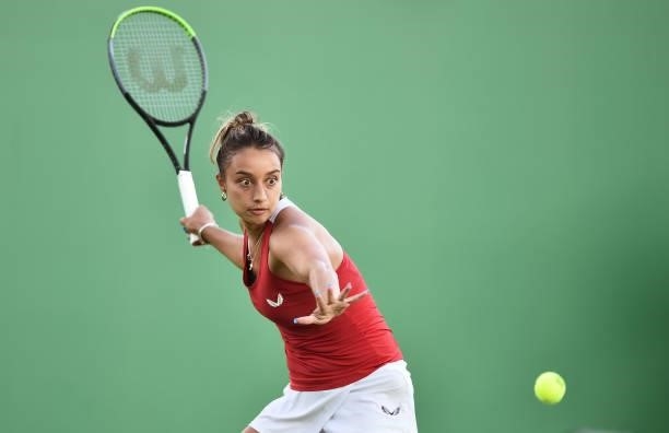 Eden Silva of Great Britain plays a forehand shot against Tara Moore during day 2 of the Viking Open at Nottingham Tennis Centre on June 06, 2021 in...