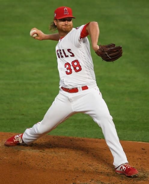 Alex Cobb of the Los Angeles Angels pitches in the game against the Seattle Mariners at Angel Stadium of Anaheim on June 5, 2021 in Anaheim,...