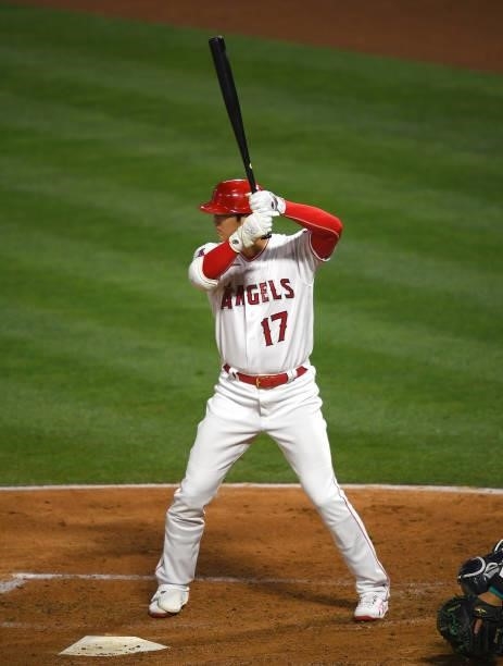 Shohei Ohtani of the Los Angeles Angels at bat in the game against the Seattle Mariners at Angel Stadium of Anaheim on June 5, 2021 in Anaheim,...