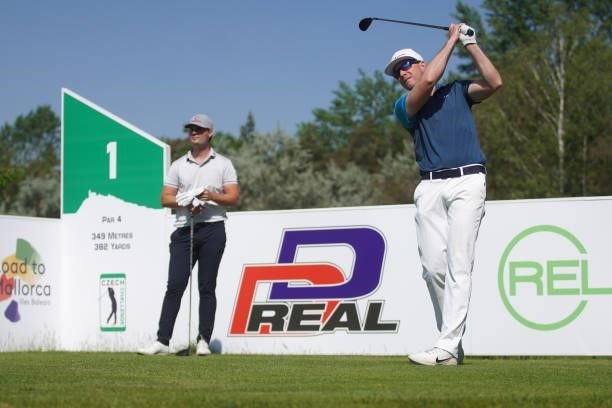 Roope Kakko of Finland (L Kristian Krogh Johannessen of Norway in action during Day Four of the D+D REAL Czech Challenge at Golf & Spa Kuneticka Hora...