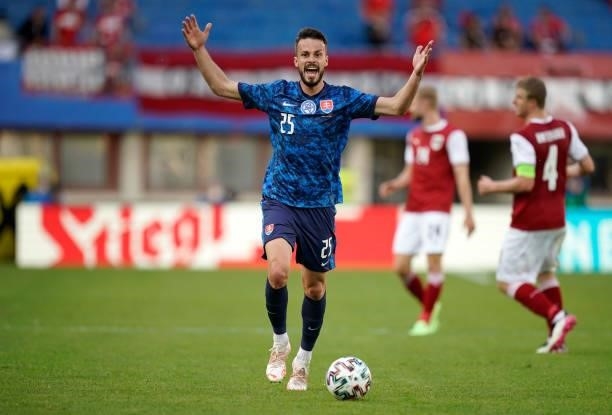 Jakub Hromada of Slovakia reacts during the international friendly match between Austria and Slovakia at Ernst Happel Stadion on June 06, 2021 in...