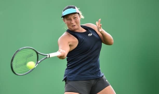 Tara Moore of Great Britain plays a forehand shot against Eden Silva of Great Britain during day 2 of the Viking Open at Nottingham Tennis Centre on...