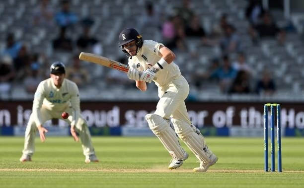 Ollie Pope of England hits runs during Day 5 of the First LV= Insurance Test Match between England and New Zealand at Lord's Cricket Ground on June...