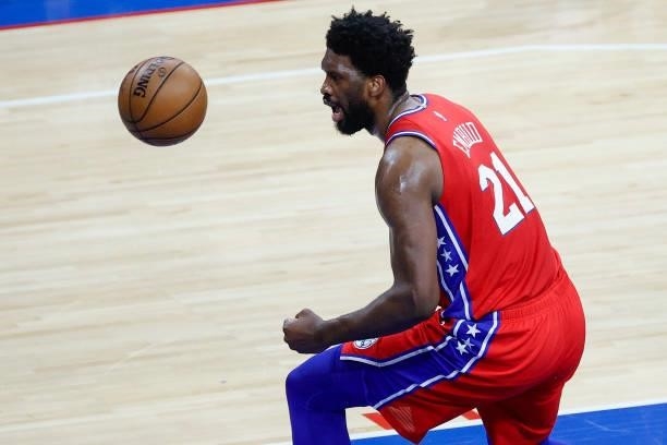 Joel Embiid of the Philadelphia 76ers celebrates during the first quarter against the Atlanta Hawks during Game One of the Eastern Conference second...