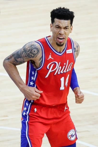 Danny Green of the Philadelphia 76ers reacts to a call during the first quarter against the Atlanta Hawks during Game One of the Eastern Conference...