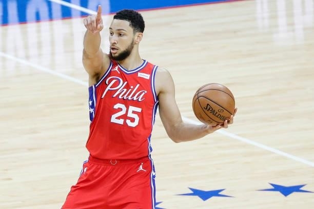 Ben Simmons of the Philadelphia 76ers directs teammates during the first quarter against the Atlanta Hawks during Game One of the Eastern Conference...